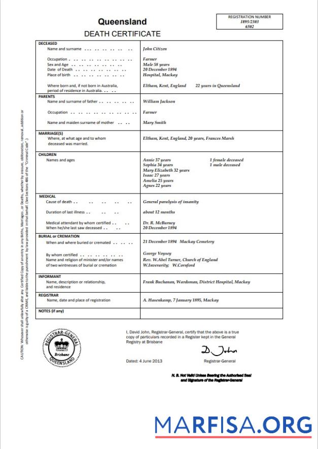 Downloadable Australia Queensland death certificate template in Word